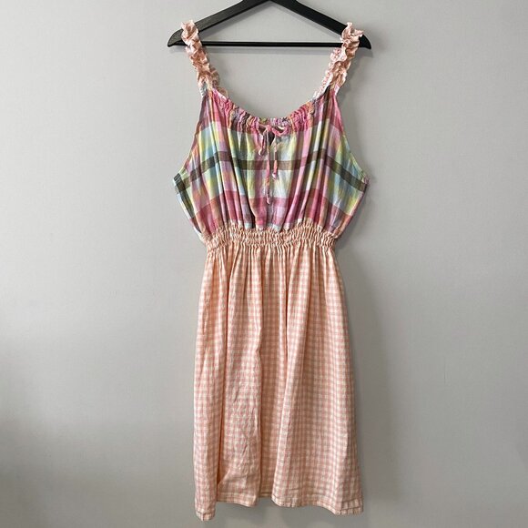Handmade Dresses & Skirts - Handmade Plus Size Cotton Linen Pink Peach White Elastic Straps Dress